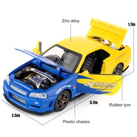 BDTCTK Compatible for 1:32 Nissan Skyline GT-R R34 Model Car, Diecast Collectible Pull Back Toy Car with Sound and Light for Adults Kids Boys Girls, Gift Yellow