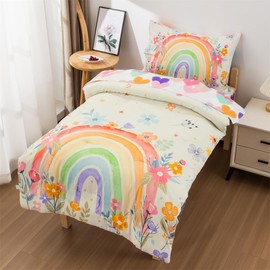 NTBED 4 Pieces Toddler Bedding Set for Baby Girls, Rainbow Floral Printed, Includes Comforter, Flat Sheet, Fitted Sheet and Pillowcase,White