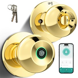 Fingerprint Door Lock, Smart Fingerprint Door Knob with Lock, Biometric Door knob with App Control & Key, Keyless Thumbprint Entry Door Lock for Bedroom, Front Door, Home, Apartment-Polished Brass