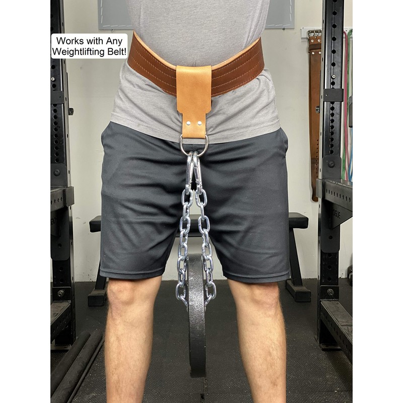 Leather Dip Belt Strap with Chain for Weight Lifting -
