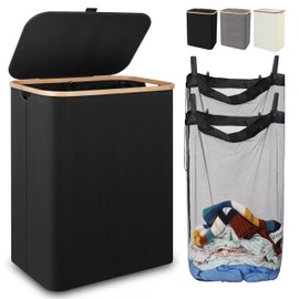 YCJYZLF Large Laundry Hamper with Lid and Bamboo Handles,Tall Collapsible Laundry Basket with Lid and Removable Laundry Bag,Foldable Clothes Hampers for Laundry,Bedroom,Dorm,Towels,Toys (150L, Black)