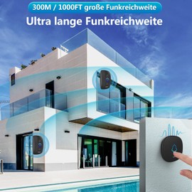 Wireless Doorbell Set, 300 m Range, IP66 Outdoor Waterproof Front Door Bell with 1 Plug-In Receiver, 32 Melodies, 4 Volume Levels, Plug-In Receiver & Bell Push Button