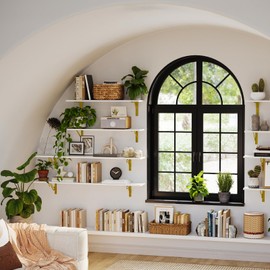 DINZI LVJ Long Wall Shelves, 31.5" Wall Mounted Shelves Set of 4, Large Floating Shelves for Wall with Metal Brackets, for Living Room, Bathroom, Bedroom, Kitchen, White and Gold