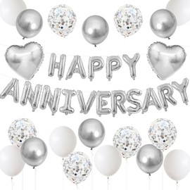 Silver & White Anniversary Decorations - Foil Heart & Confetti Balloons for Romantic Night Surprise Events