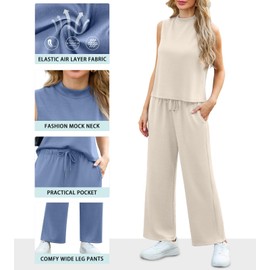 Lepunuo 2 Piece Sets for Women Summer Outfits Lounge Set Mock Neck Tops Wide Leg Crop Pants Matching Vacation Travel Outfits
