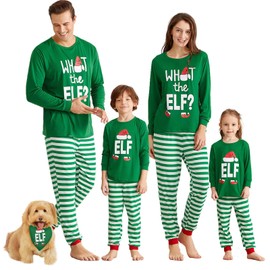 IFFEI Matching Family Christmas Pajamas Sets Holiday PJ's with ELF Printing Long Sleeve Tee and Striped Pants with Pocket 6-7 Years Green
