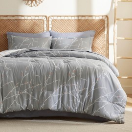 Bedsure Full Comforter Sets - 7 Pieces Floral Grey Bed Set, Tree Branch Pattern Printed Bed in a Bag Full with Comforter, Sheets, Pillowcases & Shams