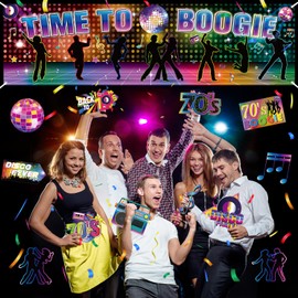 70s Party Decorations Let's Boogie Time to Boogie Banner Backdrop with 12PCS 1970s Party Sign Cutouts Cards Back to 70s Dancing Night Photography Photo Prop 70's Disco Theme Birthday Party Supplies