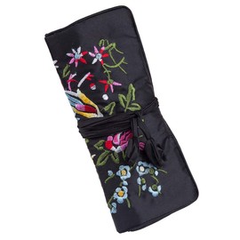 Mookaitedcor Garden Design Embroidered Jewellery Roll with Beautiful Flowers, Bag Organiser for Earrings, Necklaces, Bracelets, Watch, Black