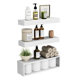 JOLLYMER White Floating Shelves Set of 3, Farmhouse Bathroom Shelves Over Toilet with Paper Storage Rack, 21 x 6 Inch Wall Shelves for Bathroom, Bedroom, Kitchen, Fully Assembled