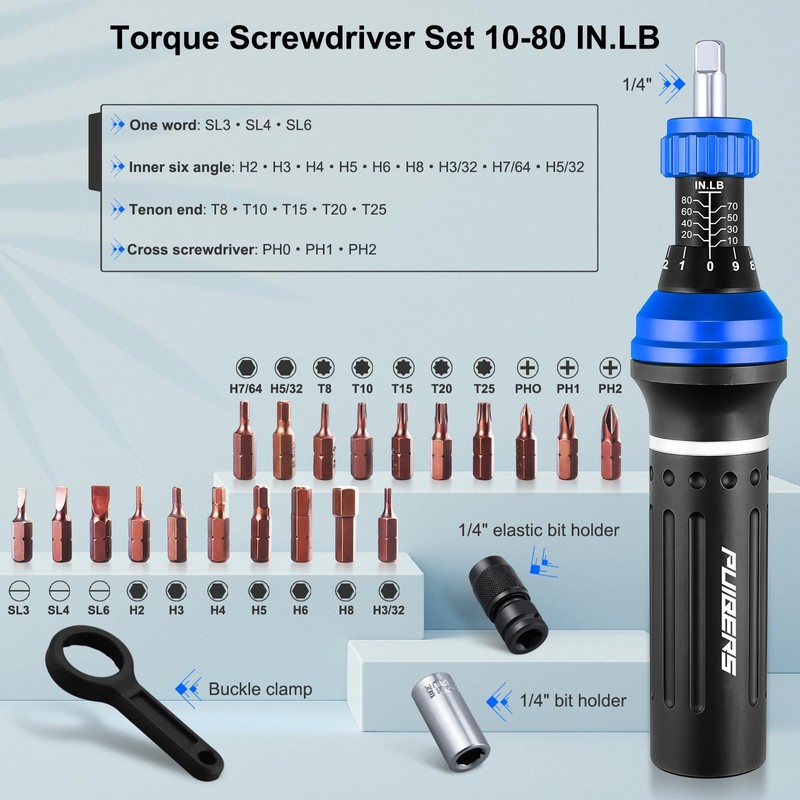 PUIBERS 25-Piece Inch Pound Torque Screwdriver Set 1/4 Drive,10-80 in-lb