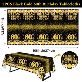 Eiurteao 2pcs 60th Birthday Tablecloth, Black Gold Happy 60th Birthday Older Wiser Hotter Decorations for Men Women Vintage Waterproof Plastic Rectangular Table Cloth Cover Party Supplies