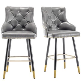 BTEXPERT Set of 2 Premium upholstered Dining 26" High Back Stool Bar Chairs, Gray PU Leather Tufted Gold Nail Head Trim, (2)