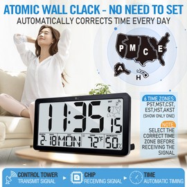 TXL Atomic Wall Clock with Backlight, Battery Operated Digital Wall Clock with Temperature, Humidity and Date, Large Display, Auto DST, 6 Time Zone(Black)