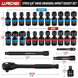 LLNDEI 27Pcs 3/8" Impact Socket Set, Metric(8-22mm) & SAE(5/16"-3/4")