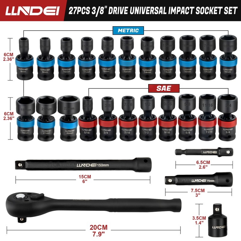 LLNDEI 27Pcs 3/8" Impact Socket Set, Metric(8-22mm) & SAE(5/16"-3/4")