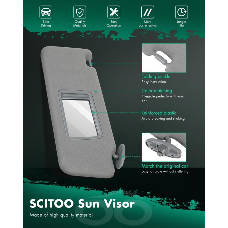 SCITOO Right Passenger Side Gray Sun Visor Assembly fit for