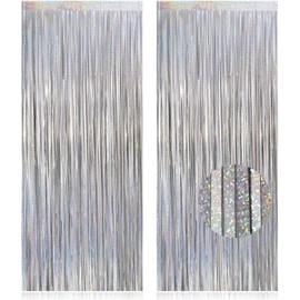 TOTAFAM 2 Pack Fringe Curtains Backdrops, Foil Fringe Curtains, Door Streamers for Birthday Wedding Bridal Shower Holiday Graduation Party Decorations, Photo Booth Backdrops Glitter Silver
