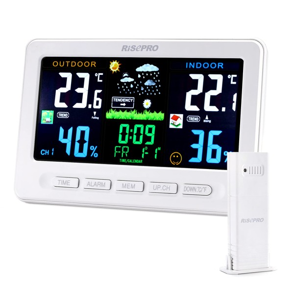 RISEPRO Wireless Weather Station with Outdoor Remote Control Sensor In Out Temperature and Humidity Alarm Clock Calendar Weather Forecast Colour LCD Display White