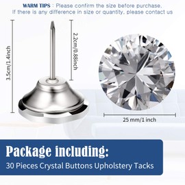 Crystal Upholstery Buttons 25 mm Crystal Upholstery Tacks Clear Crystal Head Upholstery Nails Imitate Diamond Buttons for Sewing DIY Sofa and Wall Decor (30 Pieces)