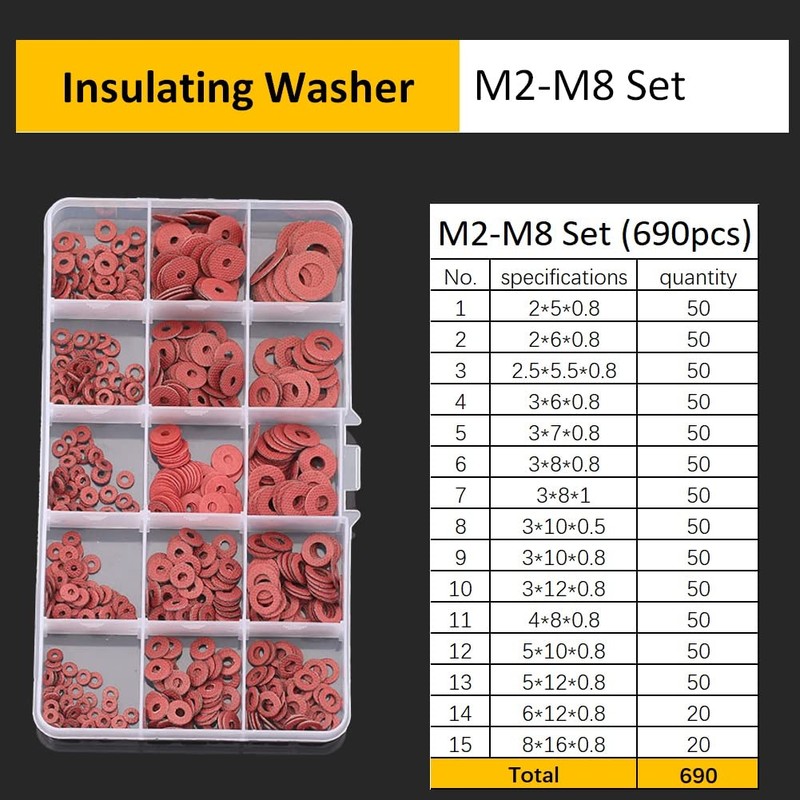 CONPHERON 690 Pieces Red Steel Paper Fibre Flat Washers Set