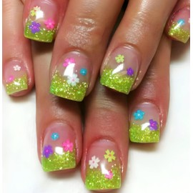 Glitter Green Press on Nails Short Square False Nails Spring Summer Flower Design Acrylic Nails White Green Sparkly Gradient French Tips White Floral Full Cover Glossy Stick on Nails for Women 24Pcs