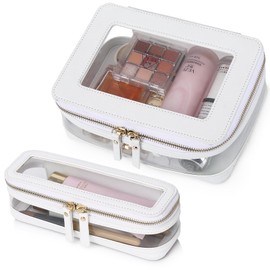 Pinkmik Travel Clear Makeup Bag with Brush Case TSA Approved Toiletry Bag Waterproof Cosmetic Organizer Car Essential for Women (White, M+SLIM-1)