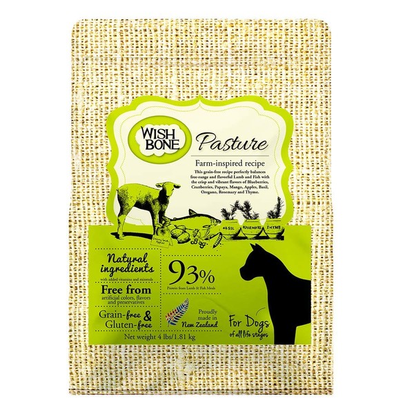 Wishbone Pasture Taurine Enriched for Heart Health Dry Dog Food, Made from New Zealand Lamb Dog Food, Free-range, Grass-fed New Zealand Lamb Dry Dog Food, All Natural Dry Dog Food, Rich in Omega 3 and High Protein Dry Dog Food, 4 lbs.