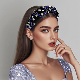 HNYYX Black Rhinestone Headband for Women, Velvet Padded Hair Band, Extra Wide Crystal,Headpiece, Holiday Party Hair Accessories Gift