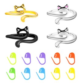 ZQLR-Y 4Pcs Cat Ears Crochet Ring, Yarn Tension Ring, Crochet Tension Ring, Knitting Ring with 10pcs Stitch Markers for Hand Weaving, DIY Craft Accessories