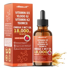 NESSARIT Vitamin D3 10,000 IU & K2 150mcg Liquid Drops with Omega 3 MCT Oil - Immune Support, Heart & Joint Wellness, Bone & Muscle Support - Raspberry Flavor - Made in USA - 2.0 fl oz (60ml)