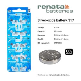 Renata 317 SR516SW Batteries - 1.55V Silver Oxide 317 Watch Battery (10 Count)