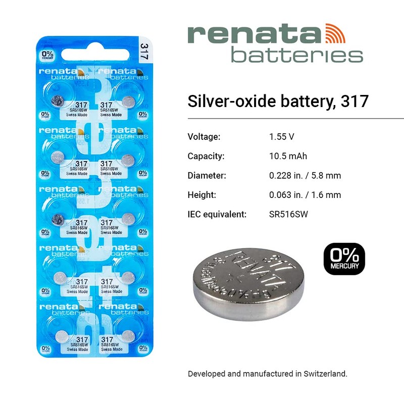 Renata 317 SR516SW Batteries - 1.55V Silver Oxide 317 Watch