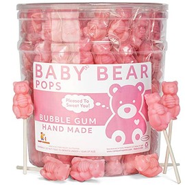 Pink Bear Pops Lollipop Suckers: Individually Wrapped Baby Bear Candy on a Stick by Espeez - Bubble Gum Bears (115 Count)