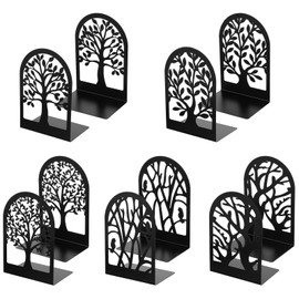 Bookends for Shelves Decorative, 5 Pairs of Tree Bookends Supports, Black Metal Book Stoppers for Heavy Books, Heavy Duty Book Ends for Home Office School
