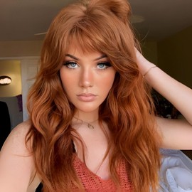 KOME Orange Wig with Bangs,Ginger Wavy Wigs for Women,Copper Shoulder Length Curly Synthetic Hair Wig for Party Daily Use 18I…