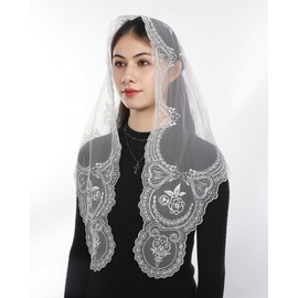 Bozidol Mantilla Veils for Church Catholic, White Blessed Virgin Mary Embroidered Lace Chapel Veil, Latin Mass Prayer Scarf Head Coverings for Women
