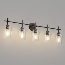 Ralbay Vintage Black Bathroom Vanity Light 5-Lights Industrial Matte Black Finish with Clear Glass Vanity Lights Farmhouse Bathroom Lighting fixtures