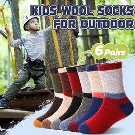 Kids Merino Wool Socks Boys Girls Toddlers Thermal Hiking Winter Thick Warm Heavy Crew Cabin Cozy Socks 6 Pack Gift Stocking Stuffer for Kids(Dark Stripes,8-12 Y)