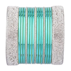 Efulgenz Indian Wedding Bridal Bangles Set Metal Bangles Traditional Crystal CZ Rhinestone Plain Glossy Alloy Bangles Bracelet Jewelry for Women (17 Pcs) Size 2.6