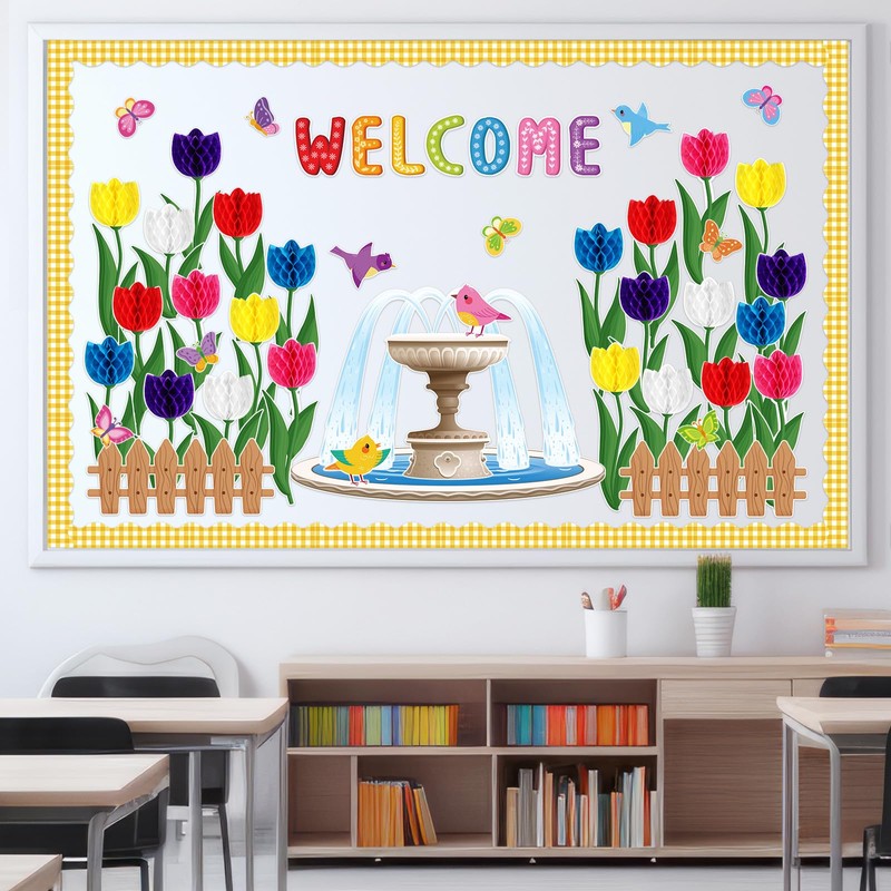 Pajean Welcome Bulletin Board Set 3D Tulip Flower Classroom Decorations