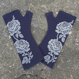 Navy Rose 100% Merino Wool Fingerless Gloves, Dark Blue Hand Printed with Silver Floral, Designed by Kate Watts, Made in New Zealand