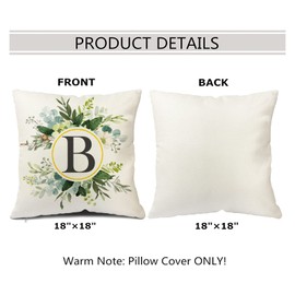 Snylcee Monogram Letter B Throw Pillow Covers Floral 18x18 Inch, Greenery Spring Pillows Decorative Throw Pillows Pillowcase Summer Farmhouse Decor for Couch Sofa, Family Last Name Initial Pillow Case