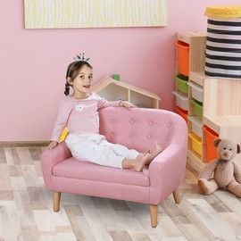 Qaba 2-Seat Kids Sofa Linen Fabric and Wooden Frame Sofa for Kids and Toddlers Ages 3-7, 11" High Seat, Pink