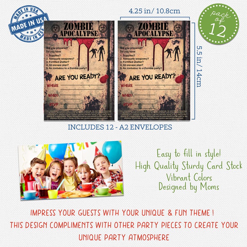 Zombie Party Supplies and Decorations (Invitations) 12 Invites with Envelopes