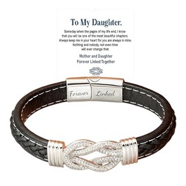 To My Daughter Love You Forever Bracelet, Mother and Daughter Forever Linked Together Braided Leather Bracelet, Inspirational Wristband for Women Infinity Knot Engraved Bangle Gift from Mom