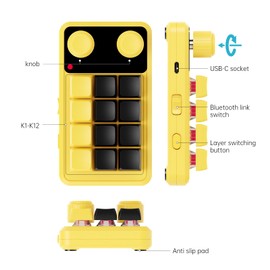 Mini Macro Programmable Keypad, One Handed Custom Programmable Gaming Keyboards Multifunction 12 Keys 2 Knobs Compatible for Mac OS,Windows,Vista, Macro Keypad Suitable for Office Gaming Lab (Yellow)