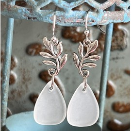 Silver Leaf and Faux Frosted Sea Glass Bead Earrings. Jewelry Earrings for Women #3298FE3064