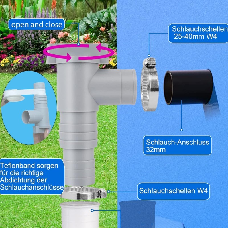 Maintenance tap, 2 pieces shut-off valve for pools with 32