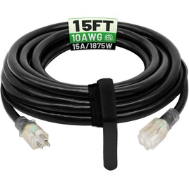 POWGRN 15 Ft 10AWG Black Outdoor Extension Cord Waterproof Heavy Duty 10 Gauge 3 Prong, Flexible Cold-Resistant Power Cord Indoor & Outside with Lighted Indicator End, 15Amp 1875W SJTW ETL Listed